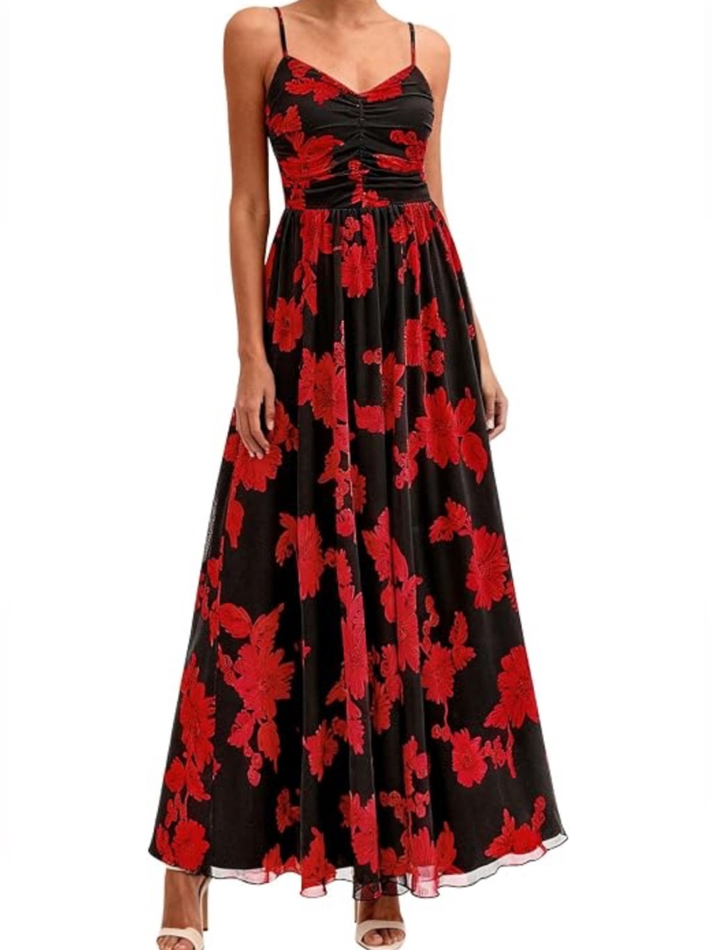 PRETTYGARDEN Black & Red Floral Mesh Maxi Dress - NWT size Small